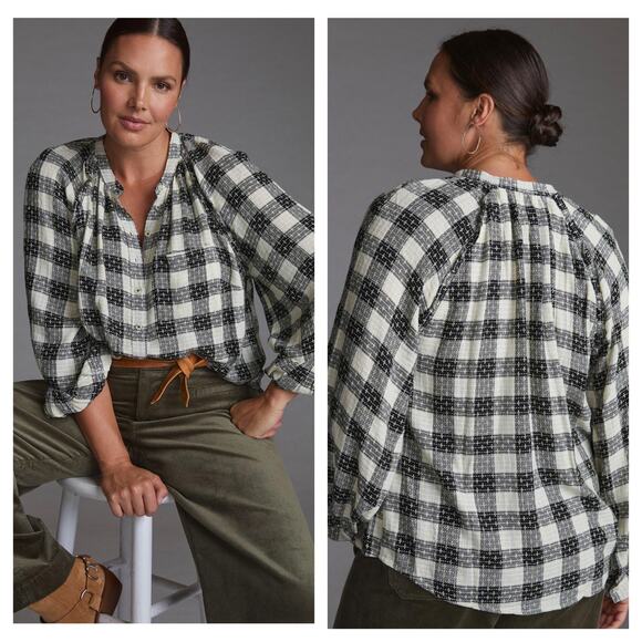 Anthropologie Pilcro Breezy Plaid Buttondown Top XS Check Textured Long Sleeve - Picture 13 of 13